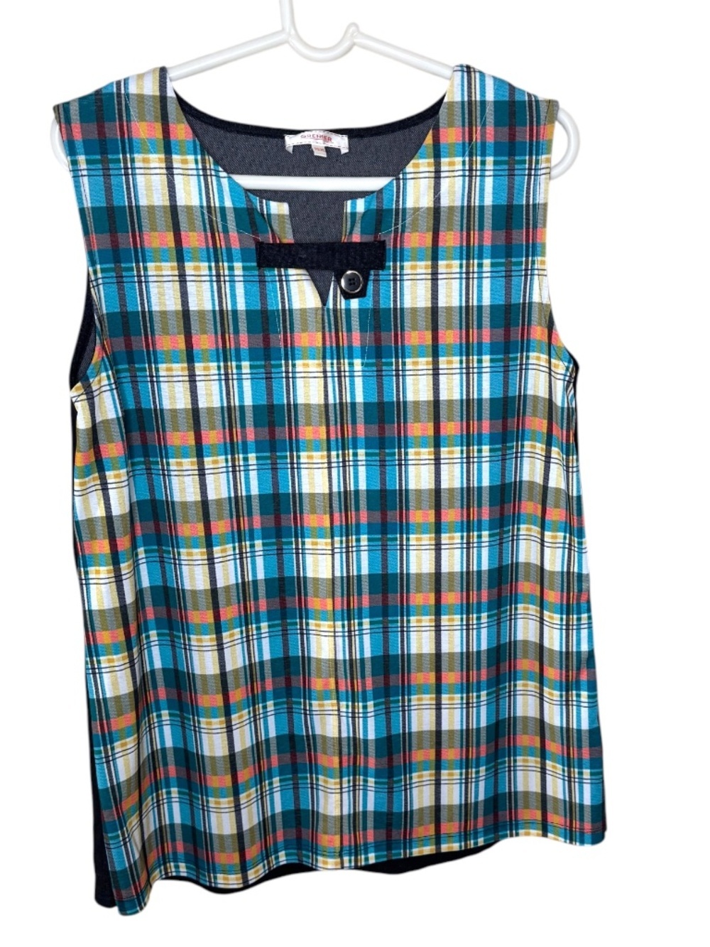 Grenier XL Sleeveless Plaid Blouse Blue Teal Multicolor Career Office Top